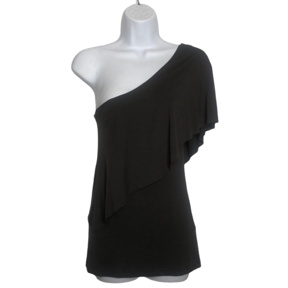 Mandee Black Ruffle Neck Y2K One Sleeve Top Medium